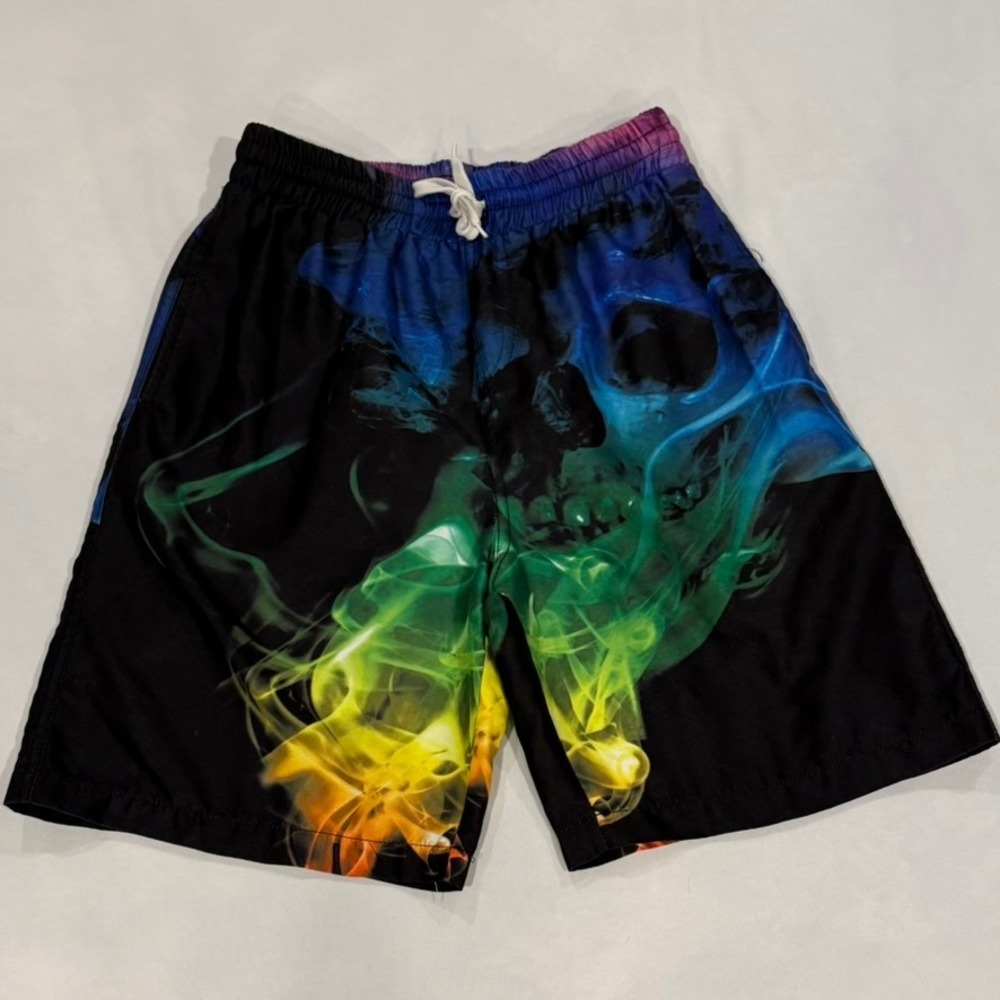 Swim Trunks Kids 10T Black Rainbow Smoke Skull Mesh Lined Beach Vacation‎ Resort